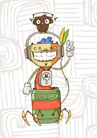 抽象机器人猫头鹰戴耳机听音乐