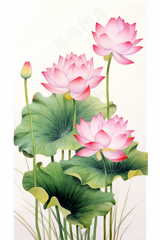 荷花莲花荷叶盛开卡通插画