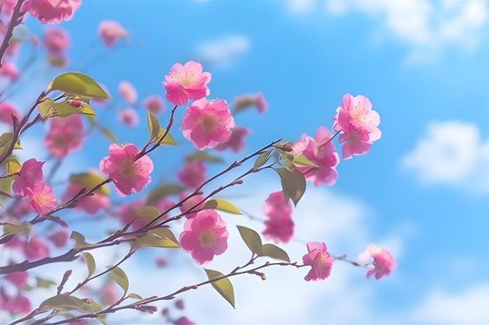 蓝天白云粉色树枝花朵樱花摄影海报素材背景(5376x3584)