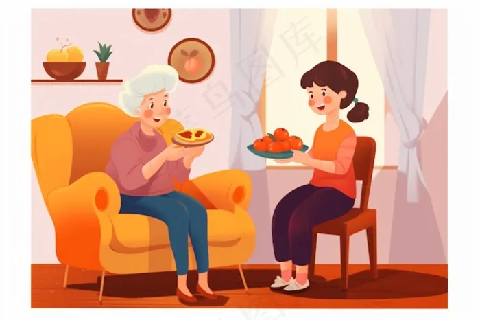 奶奶孙女品尝美食陪伴欢乐插画素材背景(1344x896)