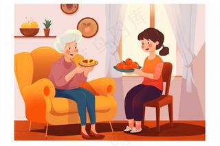 奶奶孙女品尝美食陪伴欢乐插画素材背景