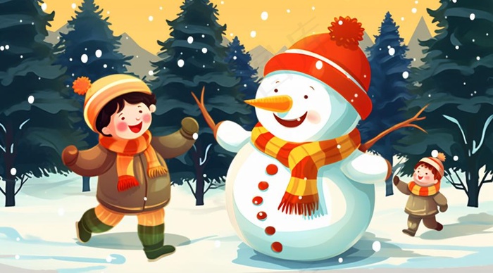 圣诞节雪人小孩圣诞老人卡通插画素材背景