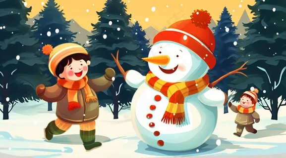 圣诞节雪人小孩圣诞老人卡通插画素材背景