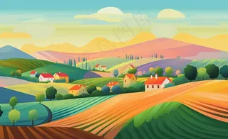 乡村村庄美丽风景河流插画农田插画背景