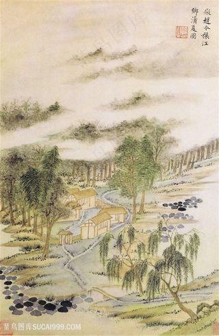 王时敏仿古山水图册之仿赵令穰江乡清夏图国画图片