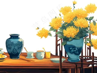 重阳黄色菊花花瓶饮茶插画免抠
