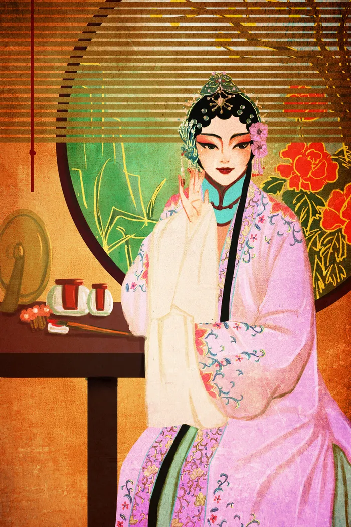 手绘中国风国潮京剧戏曲人物插画古风国粹花旦ai矢量ps设计素材图psd模版下载
