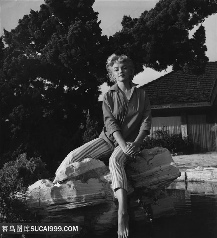 湖畔石头玛丽莲梦露黑白风景画装饰画