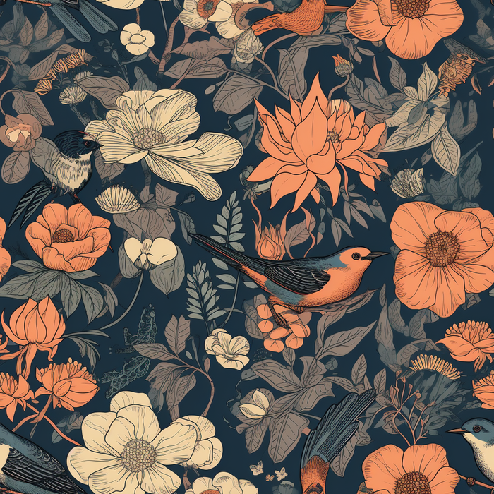 花鸟图，插画风格，无缝贴图，素材