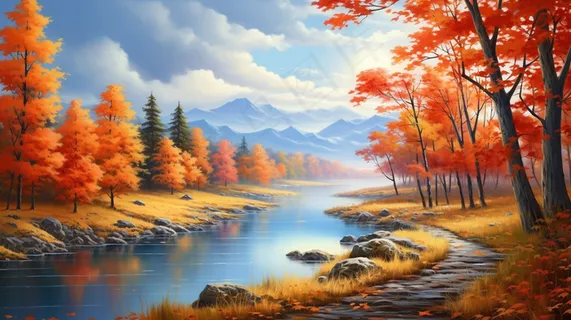 秋季树木湖泊河流风景新疆插画素材背景