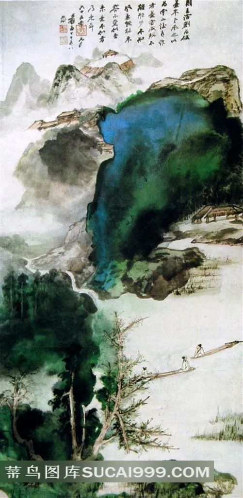 张大千泼墨山水国画--高岩古寺