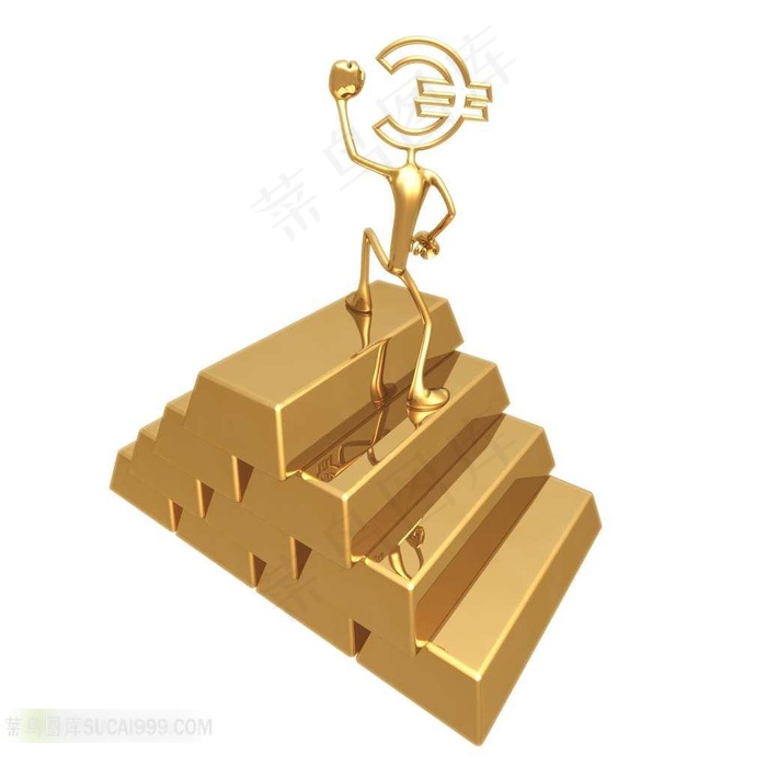踩在金条金字塔上的小金人素材