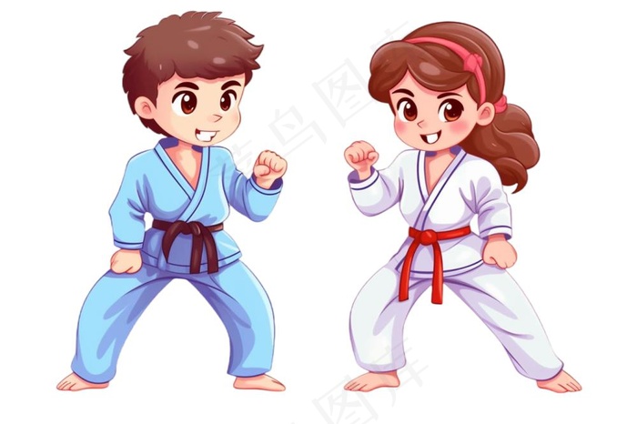 跆拳道男孩女孩对战插画免抠