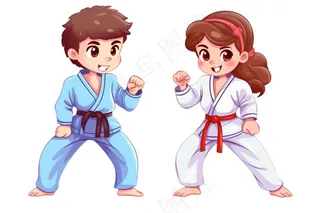 跆拳道男孩女孩对战插画免抠