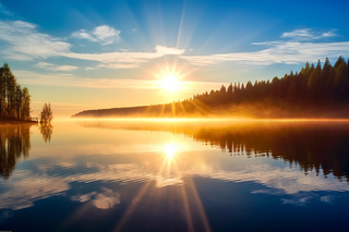 阳光明媚的一天，夏天的早晨，平静的湖面太阳落在平静的湖面上摄影图