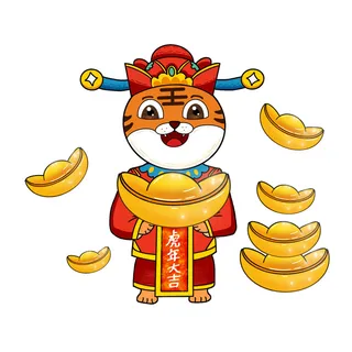2022虎年吉祥物卡通公仔小老虎形象设计福字元素手绘插画psd素材