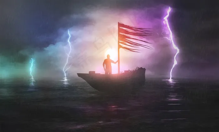 海面上的暴风雨雷电和站在船上的男人高清图片