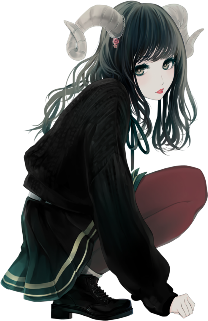 蹲坐女孩人物素材卡通牛角