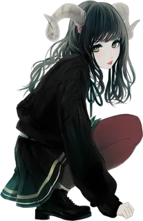 蹲坐女孩人物素材卡通牛角