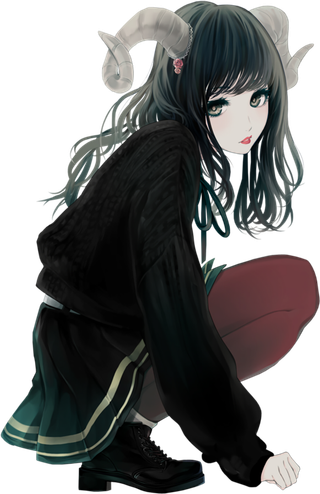 蹲坐女孩人物素材卡通牛角