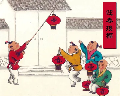 中国传统元素春节-手绘一群古代小孩提着灯笼在门口玩耍 (1)