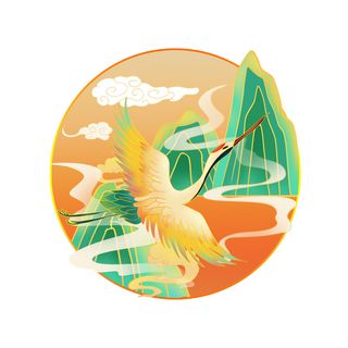 中国风国潮仙鹤山水插画手绘元素场景PSD设计素材