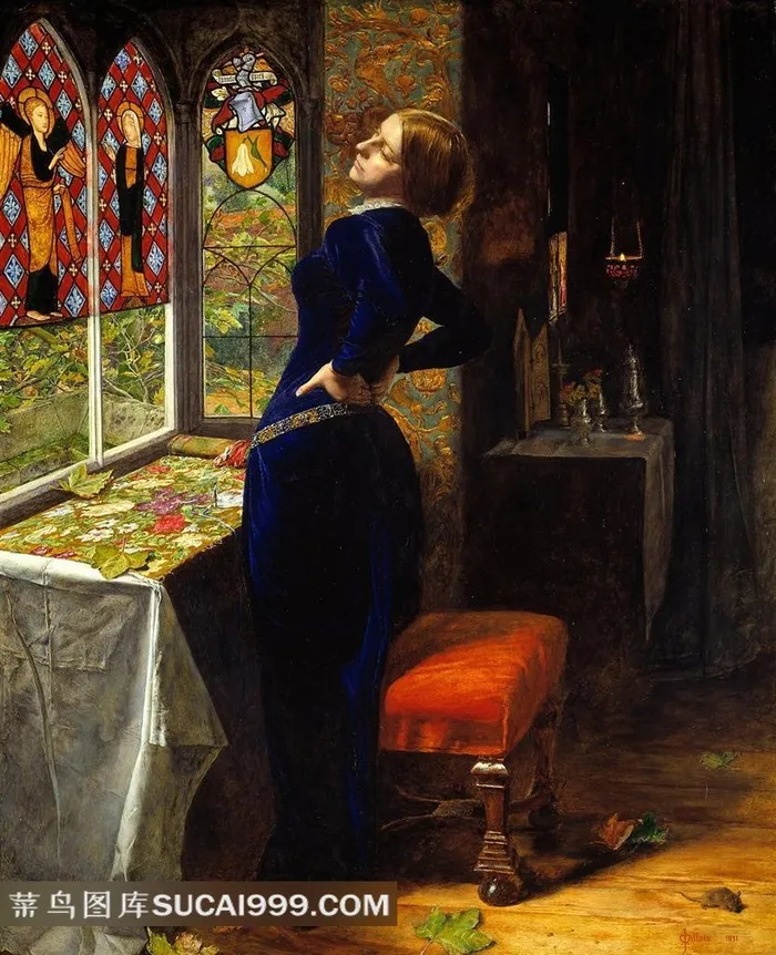 世界著名油画窗前刺绣休息的蓝裙妇人
