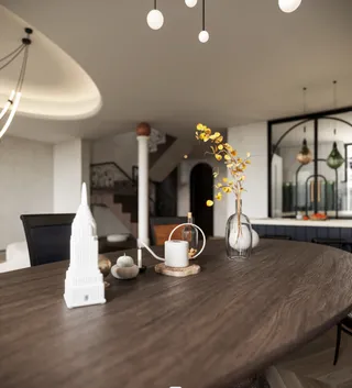 复古棕色餐桌 花瓶 室内设计效果