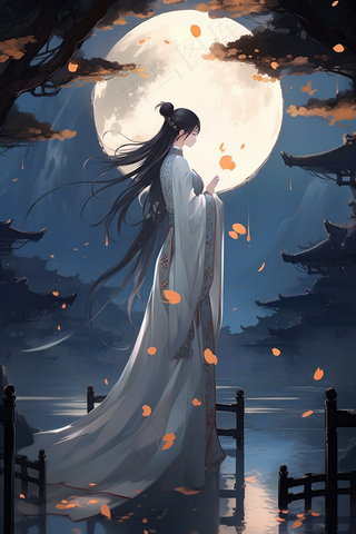 古风古装少女国风画风月亮发丝插画素材