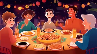 团圆饭年夜饭一家人过节卡通插画素材