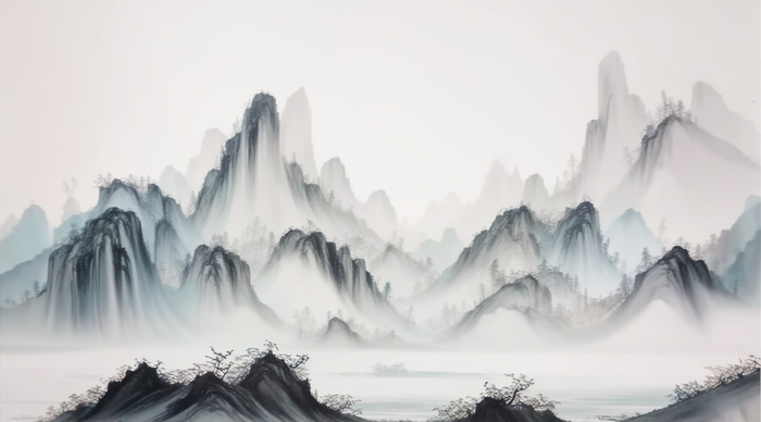 大气写意中国传统水墨画山水插画壁纸河间