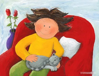 长发男孩坐红沙发油画