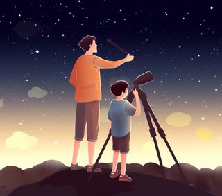 父亲与孩子互动看望远镜