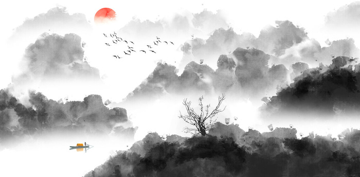 毛笔水墨景观艺术画PSD素材