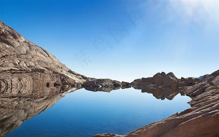蓝天下的平静湖水
