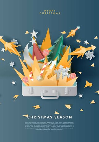 创意剪纸风圣诞节圣诞树圣诞老人麋鹿雪花3D立体海报