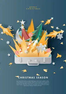 创意剪纸风圣诞节圣诞树圣诞老人麋鹿雪花3D立体海报 创意剪纸风圣诞节圣诞树圣诞老人麋鹿雪花3D立体海报