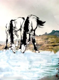 国画名家作品-徐悲鸿的双饮马 国画名家作品-徐悲鸿的双饮马