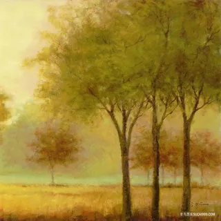 唯美水彩树木草地油画风景画