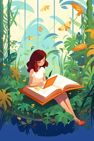女孩在丛林氧吧读书卡通插画背景