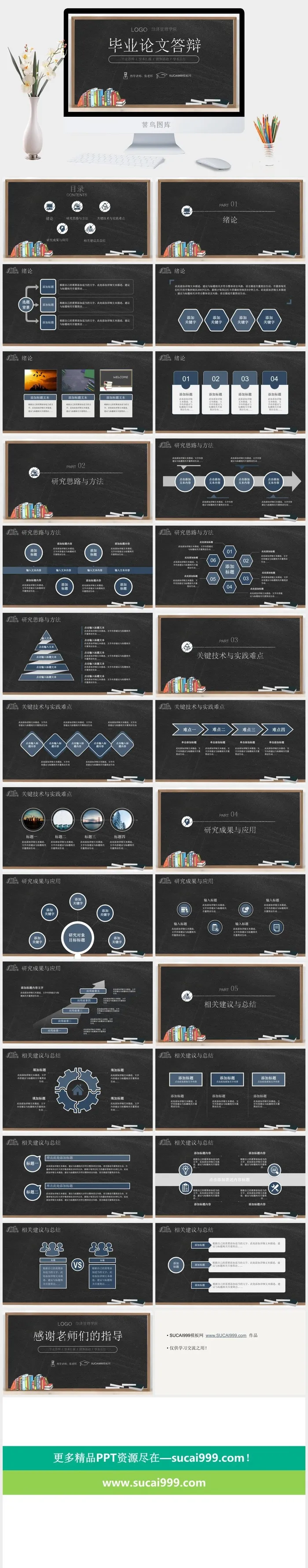 黑板背景粉笔字简约扁平毕业论文答辩ppt模板