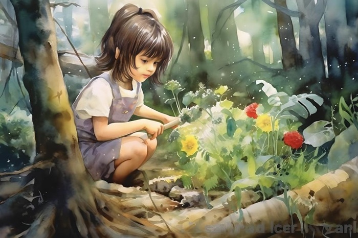 森林种植小女孩土地手绘插画海报素材背景(5376x3584)