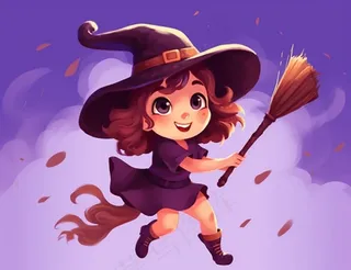 万圣节女巫骑扫把紫色卡通插画背景