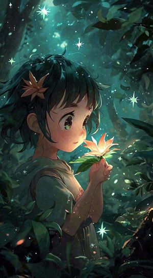 森林探险阳光绿叶男孩儿童，玩耍光照，插画手绘