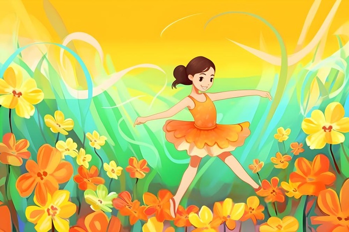 花丛中跳舞的女孩色彩插画背景