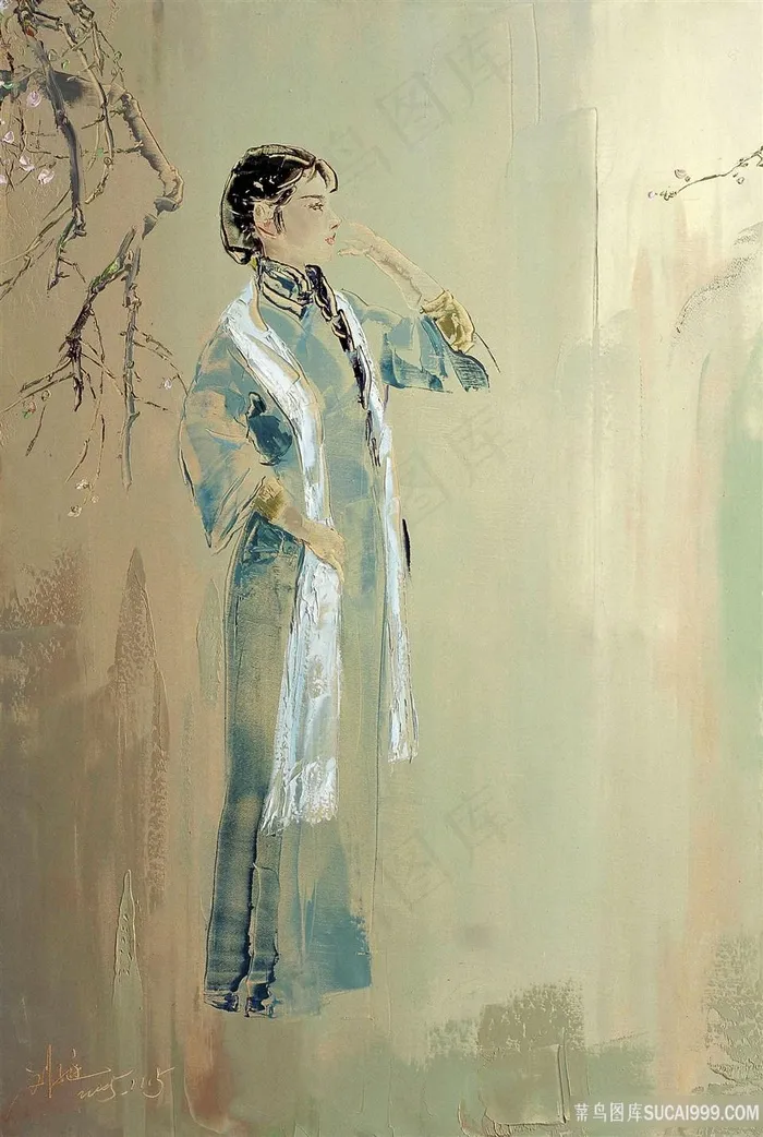 中式水彩画树枝下美女插画油画图片