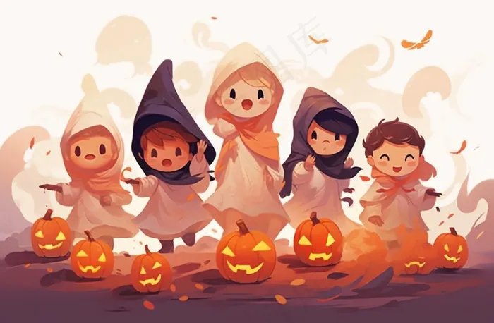 万圣节可爱搞怪小孩幽灵卡通插画素材(1344x880)