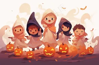 万圣节可爱搞怪小孩幽灵卡通插画素材