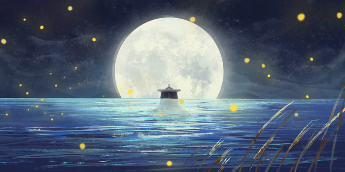 国庆节月倒影唯美风景插画素材