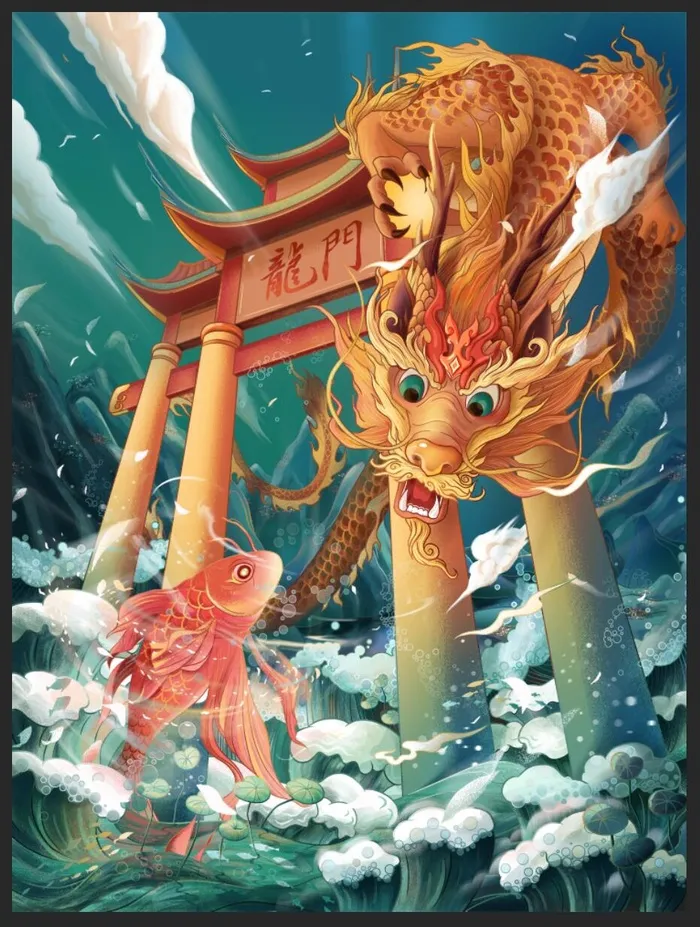鲤鱼跃龙门插画海报psd模版下载
